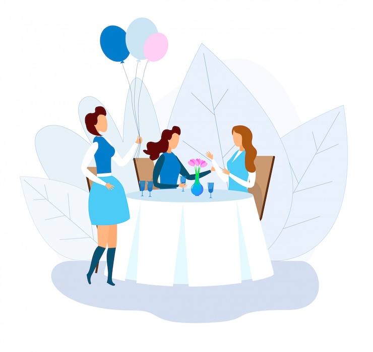 Vector woman rest at cafe, female friend bring balloons