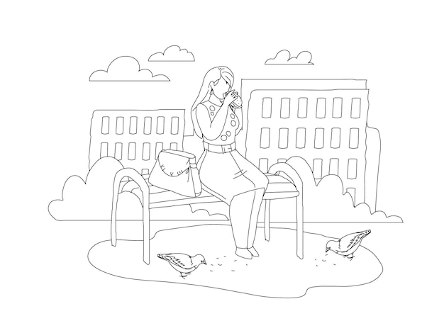 Woman rest sitting on park bench line vector