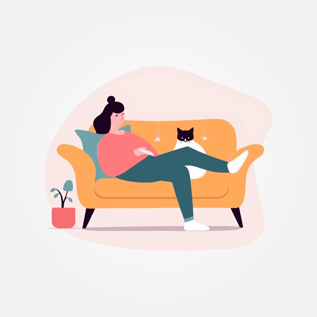 Vector woman resting on sofa with her cat