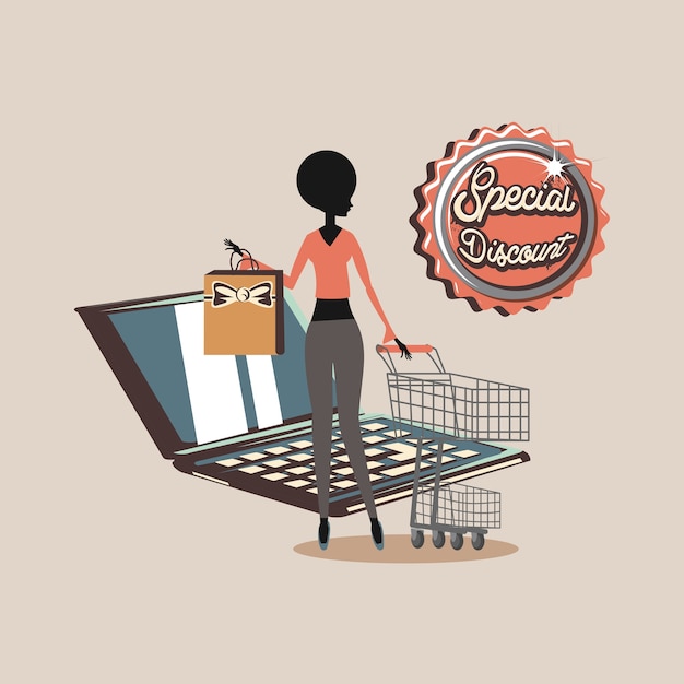 Vector woman retro shopping cart and bag laptop special discount