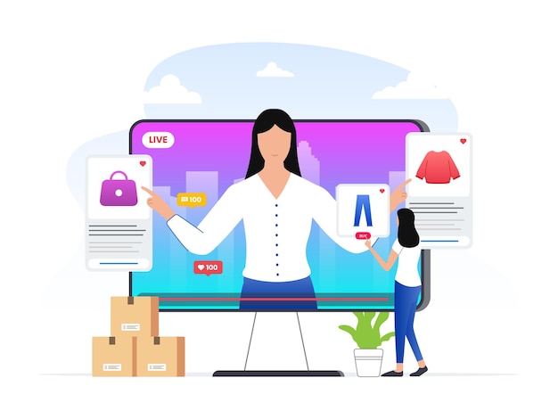 Vettore una donna recensisce o vende il suo prodotto attraverso l'illustrazione della piattaforma di commercio sociale in streaming dal vivo
