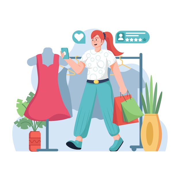 Woman Review Shopping Flat Illustration