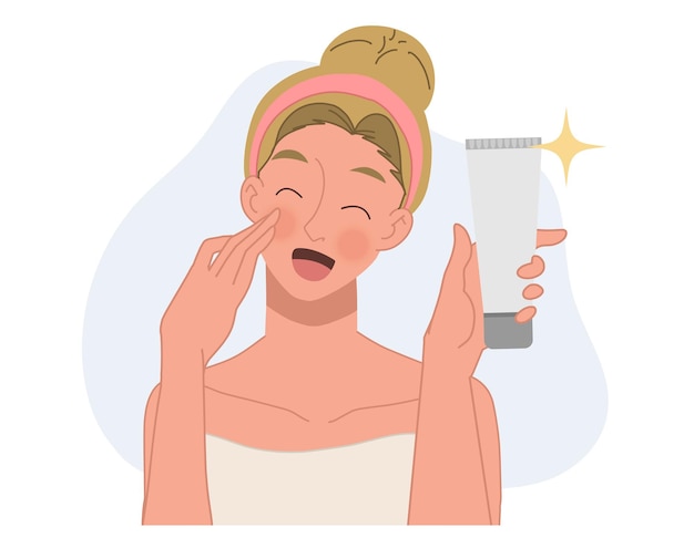 Woman review skincare productflat vector cartoon character illustration