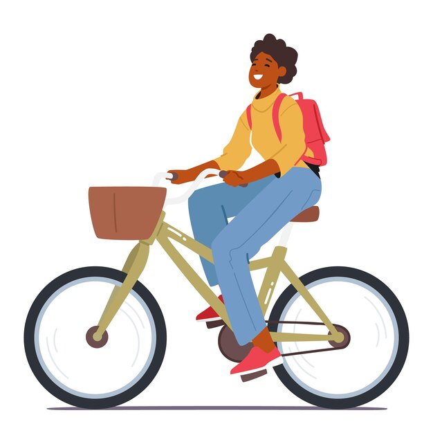 Woman rides a bicycle female character enjoys the benefits of outdoor exercise improve her cardiovascular fitness and experience the freedom and joy of cycling cartoon people vector illustration