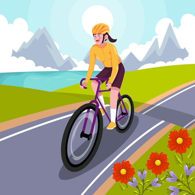 a woman rides a bike with a mountain in the background