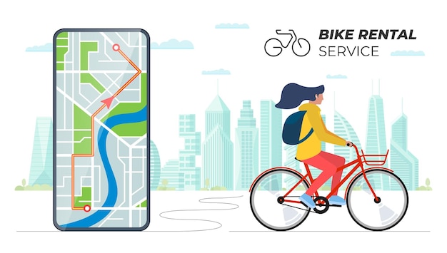 La donna guida la bici a noleggio contro il paesaggio urbano moderno con l'app mobile per il noleggio di biciclette per smartphone sullo schermo