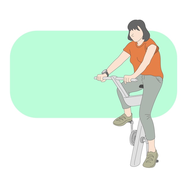 벡터 체육관에서 자전거를 타고 있는 여자  ⁇ 터 일러스트레이션  ⁇  배경 라인 아트에 고립된 손으로 그렸다