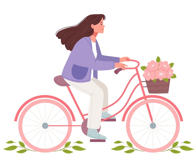 Vector a woman riding a bicycle with a basket of flowers on it.