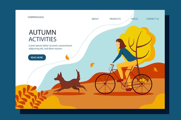 Woman riding a bicycle with a dog in the park. Vector autumn illustration.