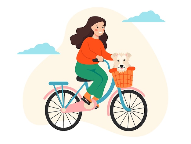 Woman riding a bicycle with a puppy in a basket vector illustration in flat style