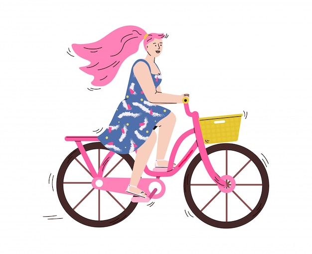 Woman riding bicycle with shopping basket cartoon  illustration 