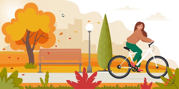 Woman riding bike in the park on autumn landscape vector illustration in flat style