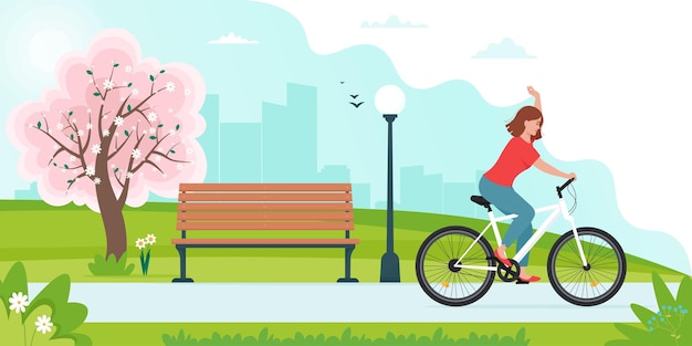 Woman riding bike in the park on spring landscape vector illustration in flat style