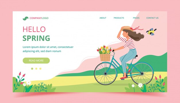Vector woman riding a bike in spring with flowers in the basket.