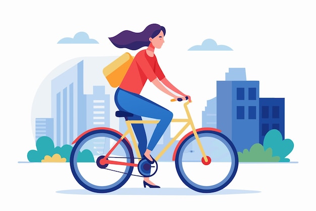 Vector woman riding bike with backpack a girl dressed in a tshirt and tight pants riding a bicycle through the city simple and minimalist flat vector illustration