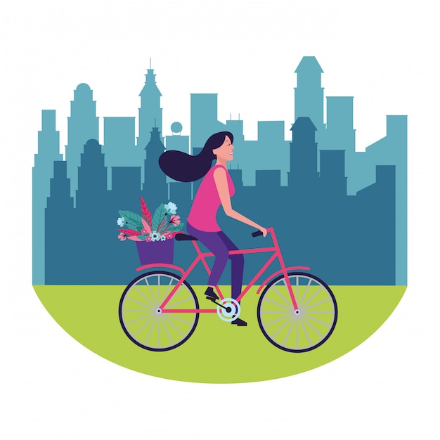 Vector woman riding bike with flower