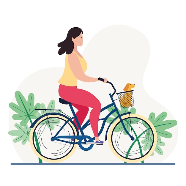 Woman riding a classic bicycle with a dog in a basket vector illustration