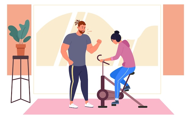 Vector woman riding cycle in gym with fitness couch help