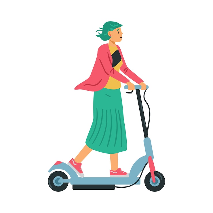 Vector 白で隔離の電動スクーターフラットベクトルイラストに乗る女性