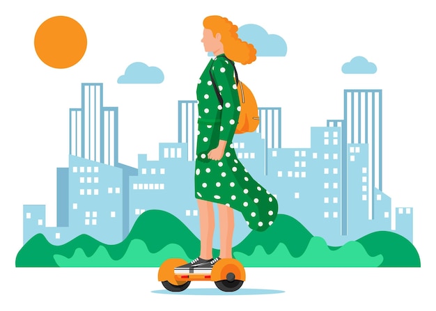 Woman riding on hoverboard and cityscape