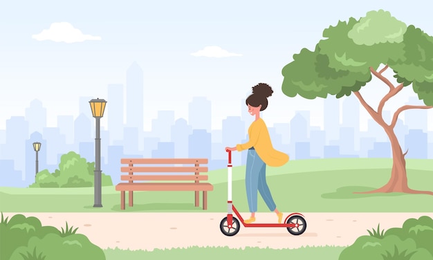 Woman riding kick scooter around city spring or summer landscape