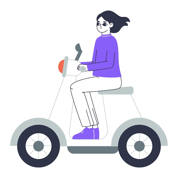 Vector woman riding motorbike female character on scooter eco friendly transportation flat vector illustration on white background