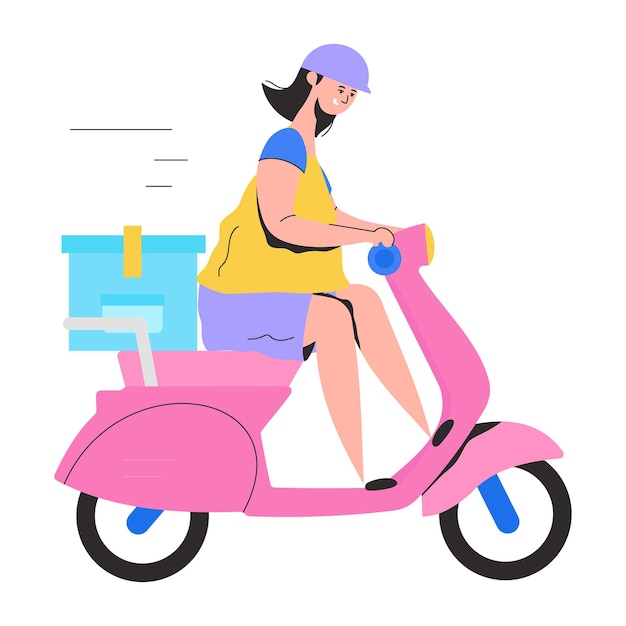 A woman riding a pink scooter with a bag on her head.