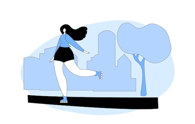 Женщина катается на роликах в городском парке Активные люди Концепция летнего отдыха на открытом воздухе Здоровый образ жизни Спорт