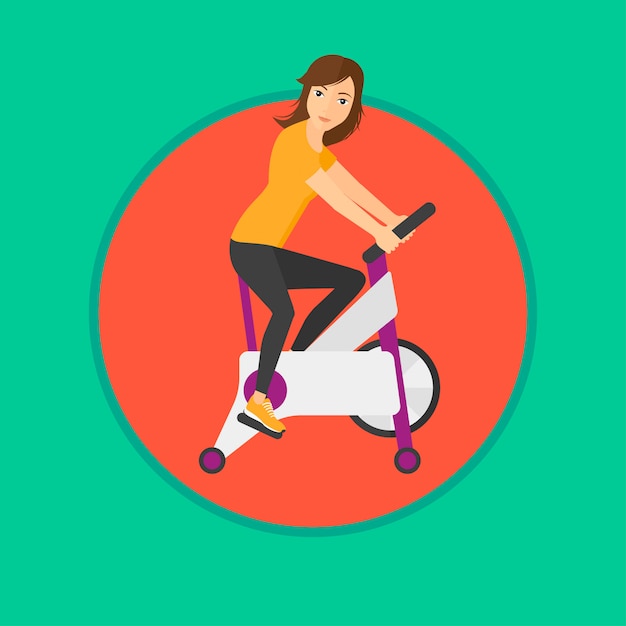 Vector woman riding stationary bicycle.