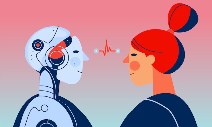 Vector a woman and robot with artificial intelligence looking at each other