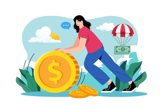 Woman rolls a large coin Illustration concept