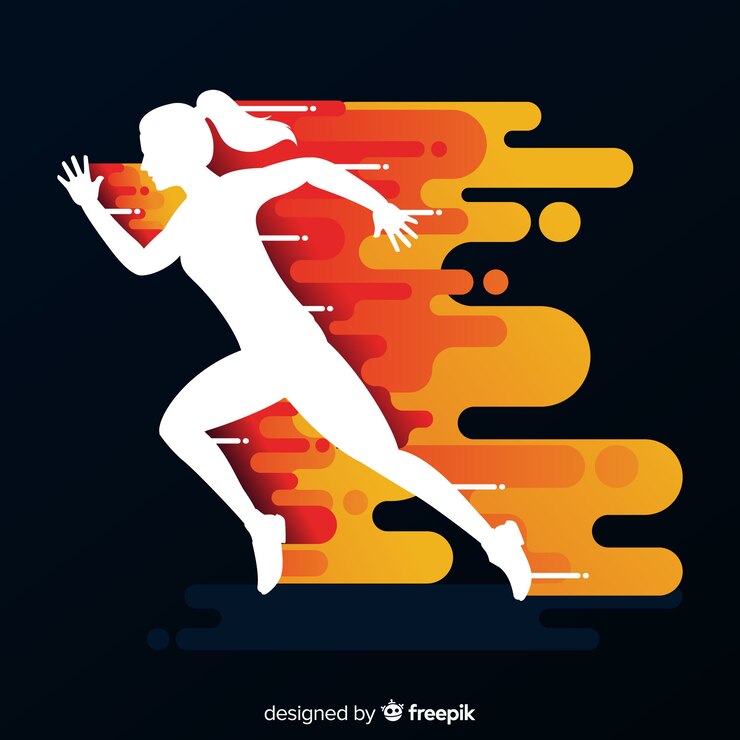 Vector woman runner in flames background