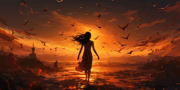 Vector woman running among the fire birds digital art style illustration painting