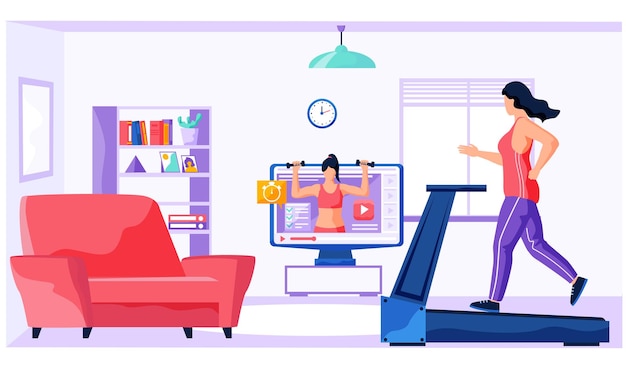Vector woman running on electric treadmill at home illustration about comfortable exercise with equipment