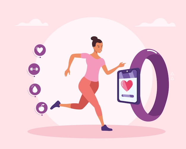 Vettore donna che esegue icone sane e dati di esercizio in smartwatch.