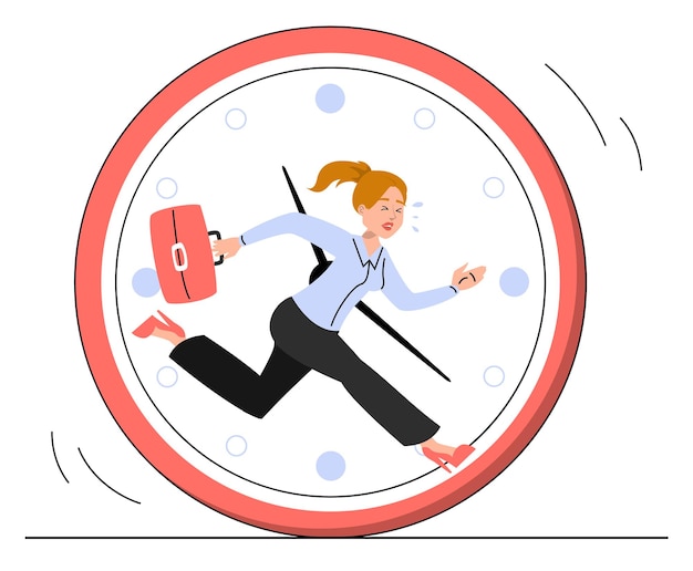 Woman running inside the clock in panic