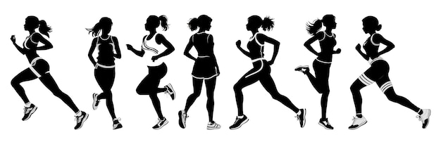 woman running in a marathon on a white background black and white silhouette of a woman