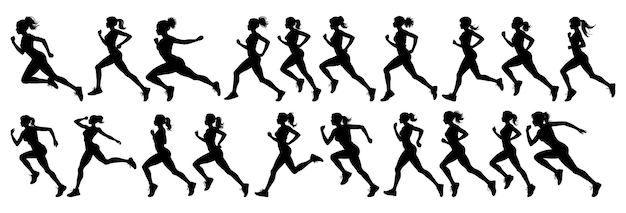 Vettore donna in corsa in una maratona su uno sfondo bianco silhouette nero e bianco di una donna