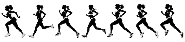 woman running in a marathon on a white background black and white silhouette of a woman