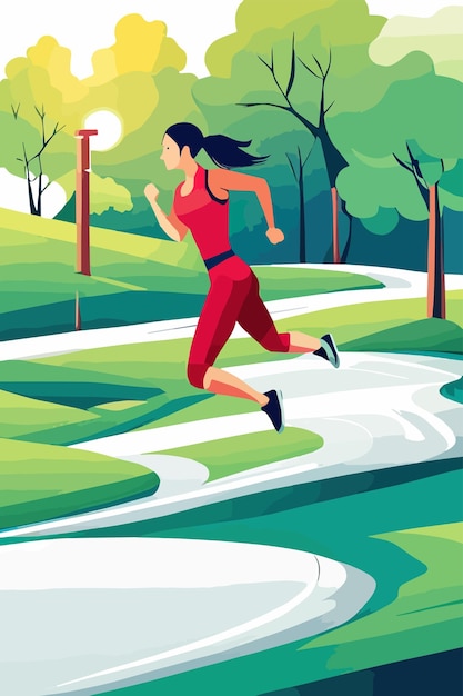 スポーツウェアのベクトルイラストで夜明けに森の道を走る公園のトレイルランナーで走っている女性