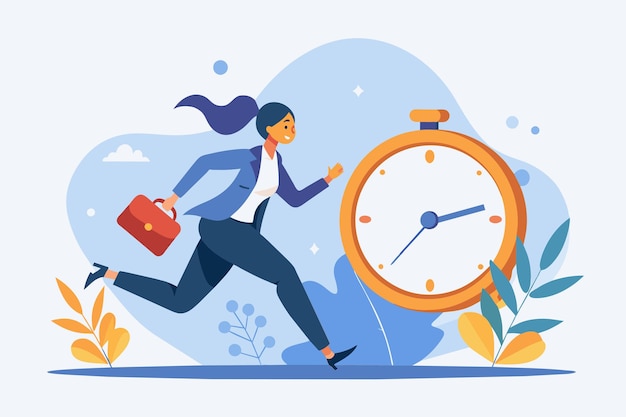 Woman running past an alarm clock a business woman is chasing time for company deadlines simple and minimalist flat vector illustration