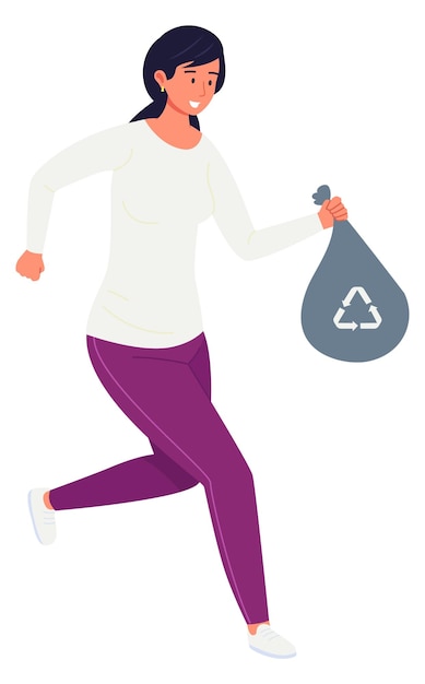 Woman running recycle trash bag waste dumping