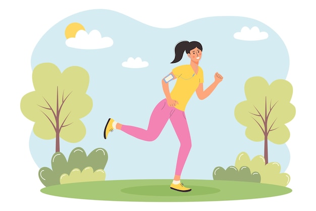 Vector woman running in a summer park with headphones and smartphone active lifestyle exercising outdoors