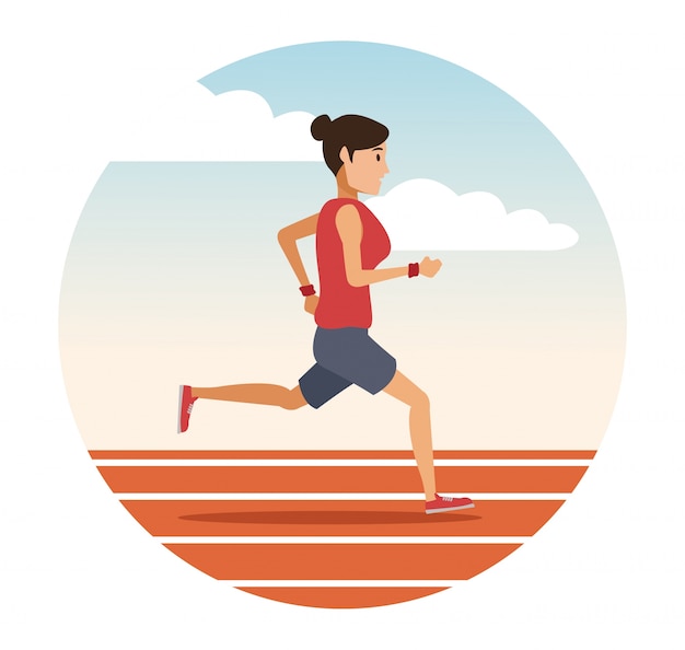 Vector woman running on track round icon