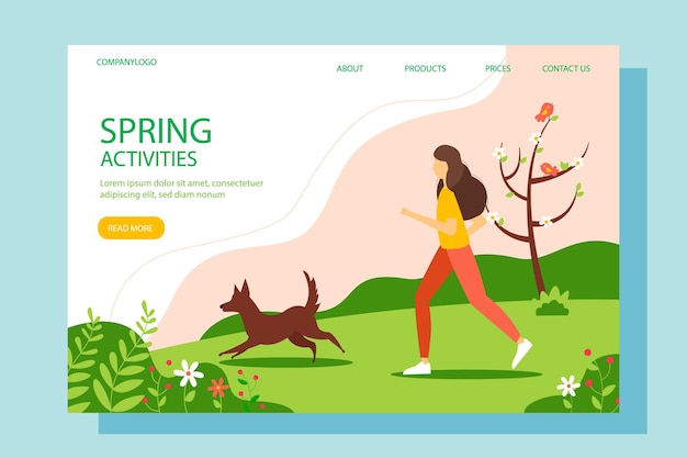 Woman running with the dog in the park. Landing page template. Vector illustration.
