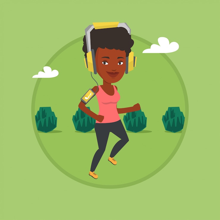 Vector woman running with earphones and smartphone.