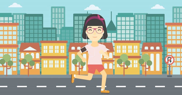 Woman running with earphones and smartphone.