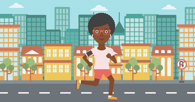 Vector woman running with earphones and smartphone.