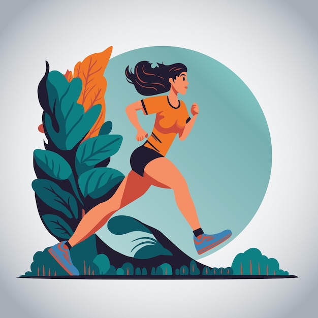 Woman Running With Leaf Background Flat Illustration Design