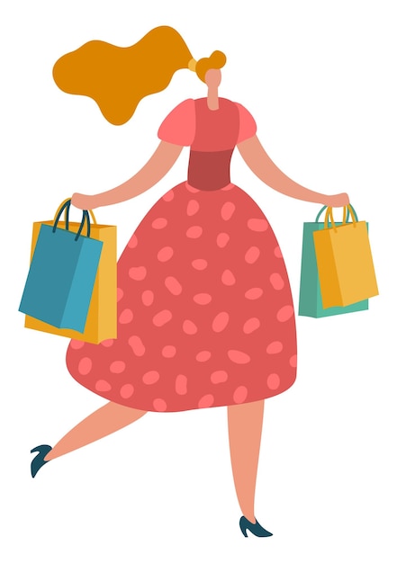 Женщина бежит с сумками для покупок Счастливый покупатель магазина
